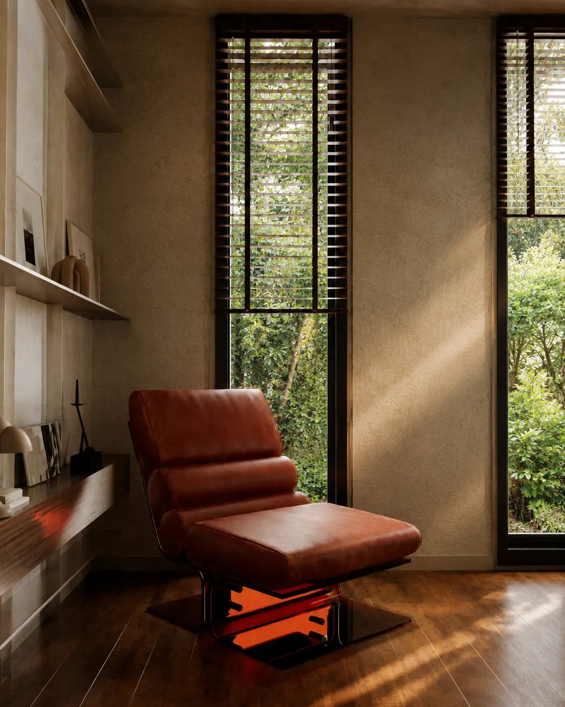 Polaroid leather reading chair by tall windows