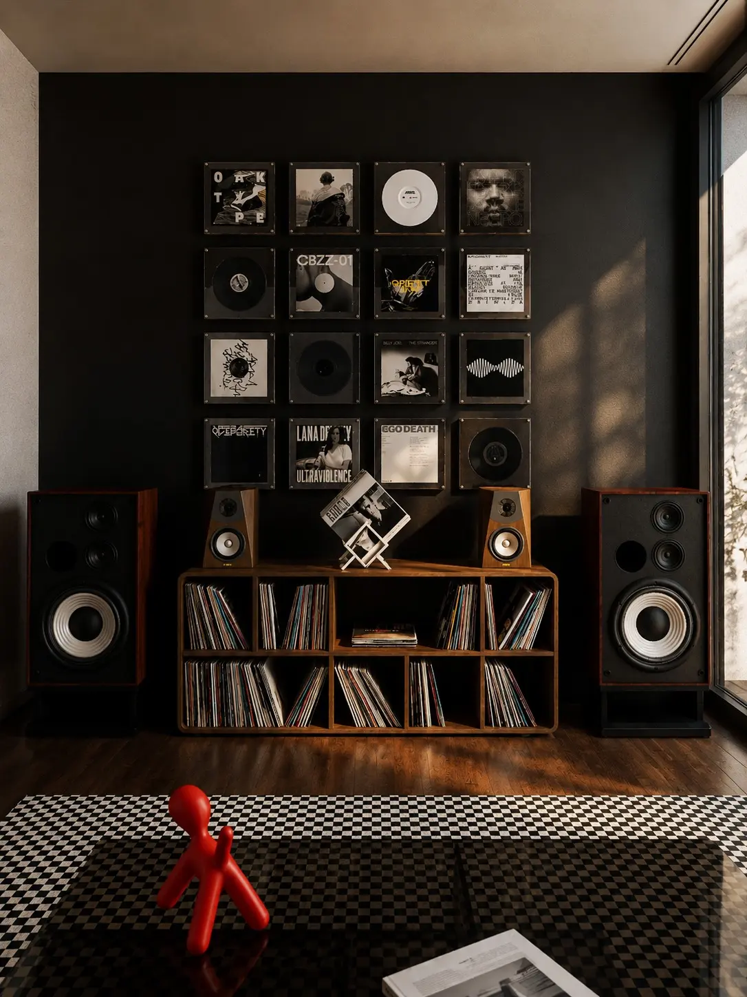 Polaroid listening wall with record collection and speakers