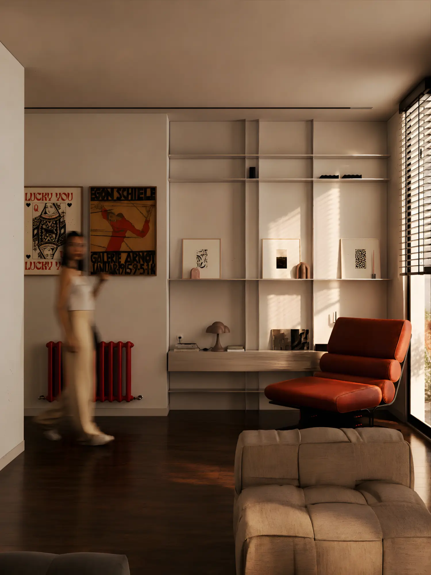 Polaroid built-in shelves and leather lounge chair